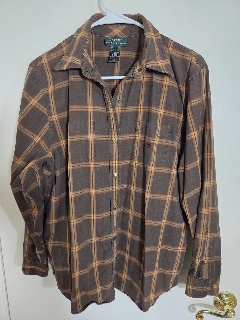 Lauren Ralph Lauren Shirt Womens L Brown Plaid Gold Snap Fall Cabincore